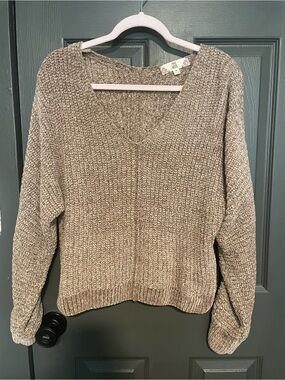 Pink Rose Taupe V-Neck Chenille Sweater